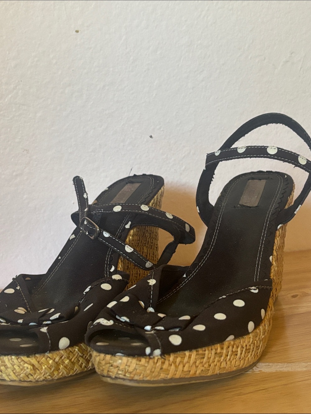 Black Polka Dot Pinup Wedge Sandals with Peep toe and Ankle Strap, Size 7